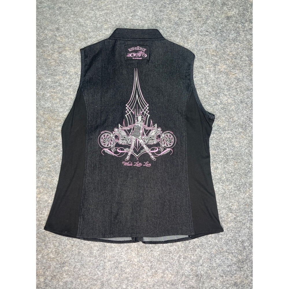 WOMEN'S MOTORCYCLE WHOLE LOTTA LOVE DENIM SLEEVELESS ZIPPERED EMBROIDERED XL‎ - Picture 4 of 10